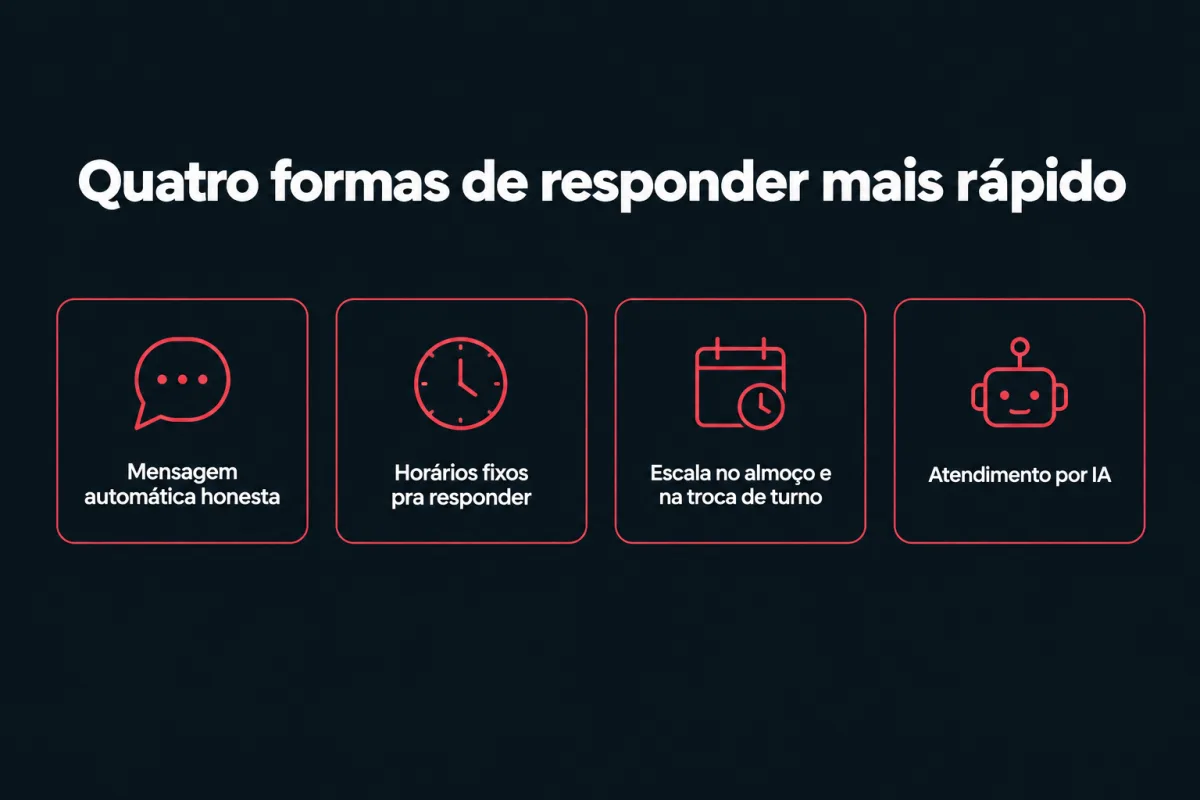 Quatro formas de responder mais rápido: mensagem automática honesta, horários fixos pra responder, escala no almoço e na troca de turno, e atendimento por IA.