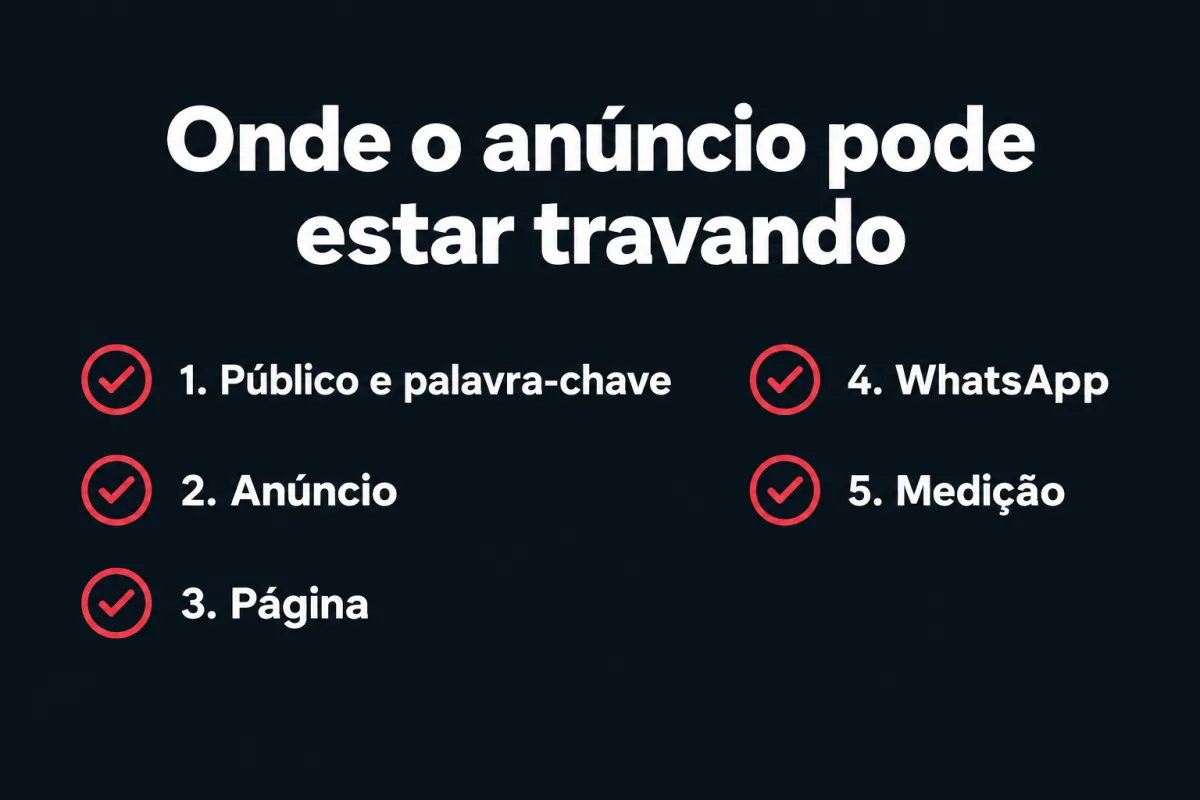 Onde o anúncio pode estar travando: público e palavra-chave, anúncio, página, WhatsApp e medição.