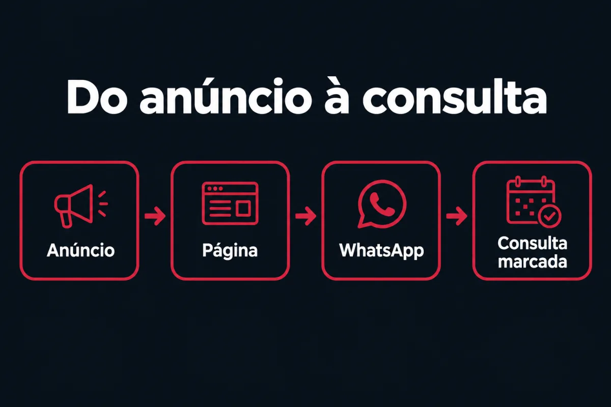 Do anúncio à consulta: anúncio, página, WhatsApp e consulta marcada.