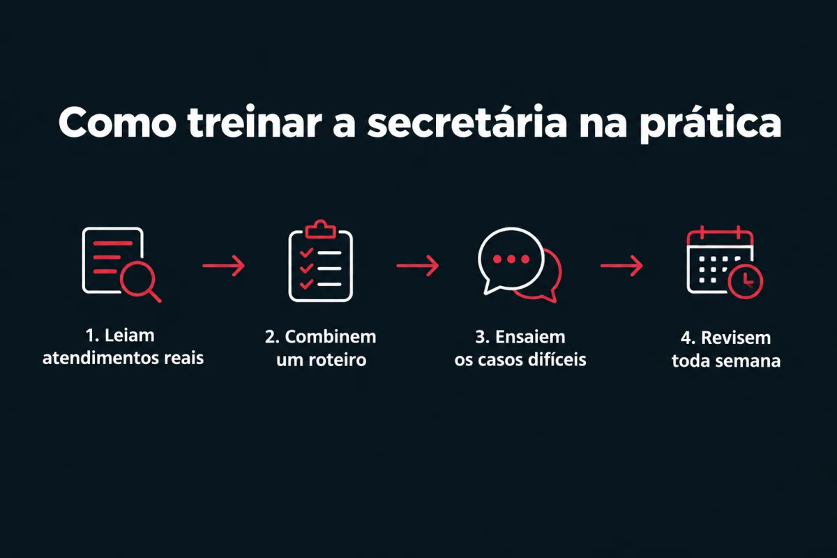 Como treinar a secretária na prática, em quatro passos: 1. Leiam atendimentos reais. 2. Combinem um roteiro. 3. Ensaiem os casos difíceis. 4. Revisem toda semana.