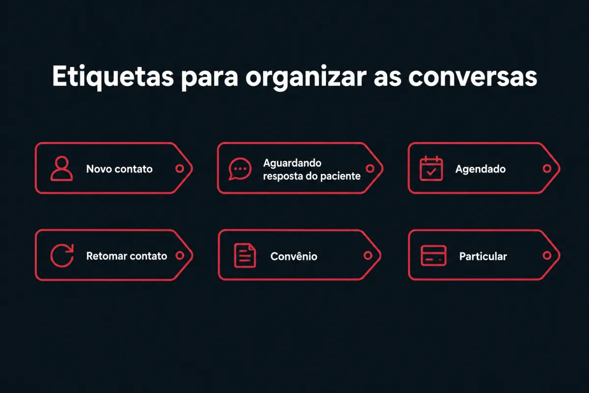 Etiquetas para organizar as conversas do consultório: Novo contato, Aguardando resposta do paciente, Agendado, Retomar contato, Convênio e Particular.
